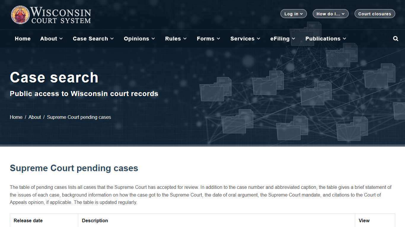 Wisconsin Court System - Supreme Court table of pending cases